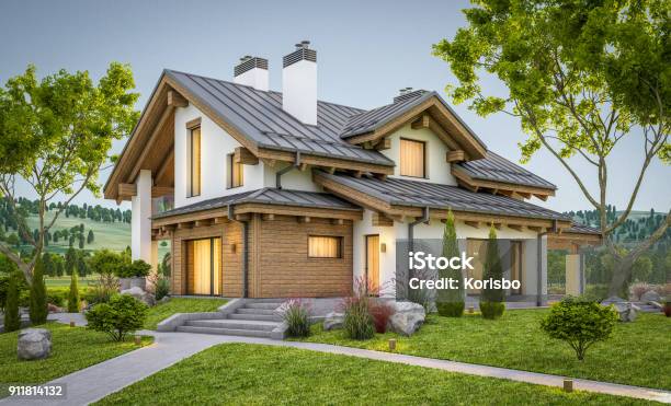 3d Rendering Of Modern Cozy House In Chalet Style Stock Photo - Download Image Now - House, Outdoors, Building Exterior