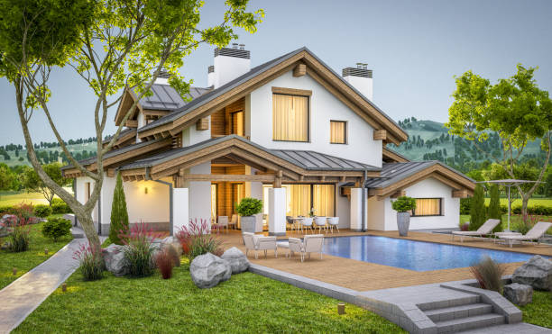 istock 3d rendering of modern cozy house in chalet style 911814140