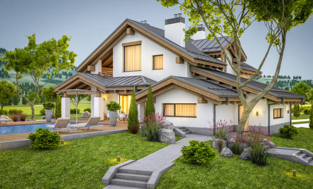 istock 3d rendering of modern cozy house in chalet style 911814176