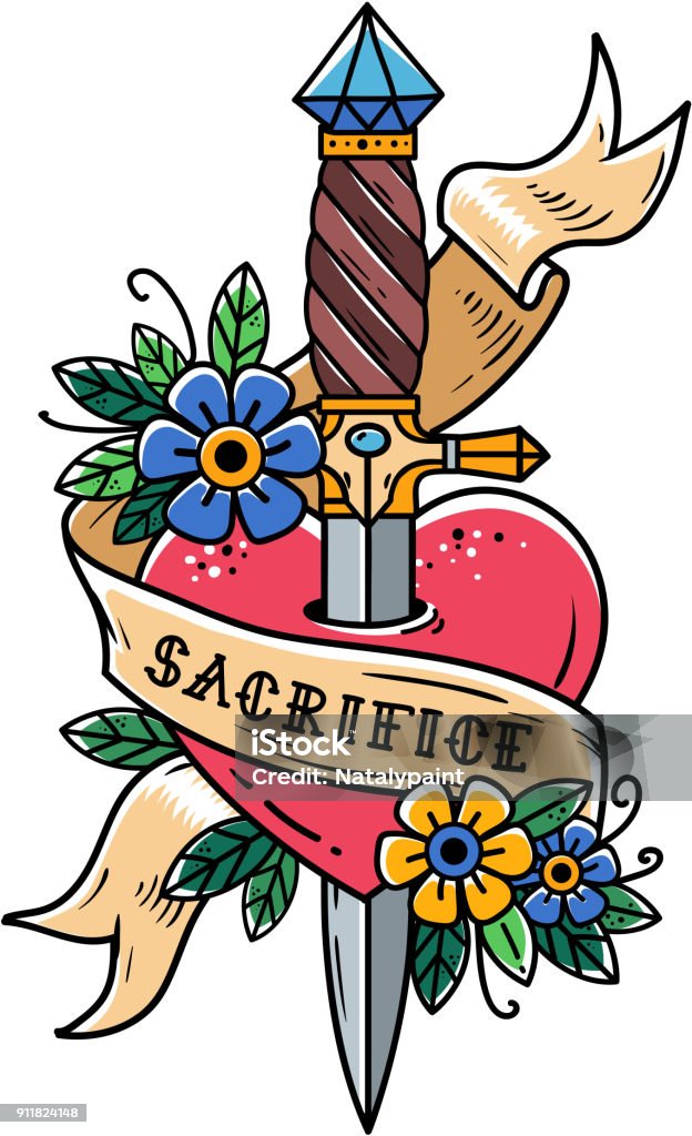 Heart pierced with ancient dagger . Sacrifice Heart pierced with ancient dagger and flowers. Sacrifice. Heart with ribbon and lettering Sacrifice. Retro tattoo. Old school retro vector illustration. Education stock vector