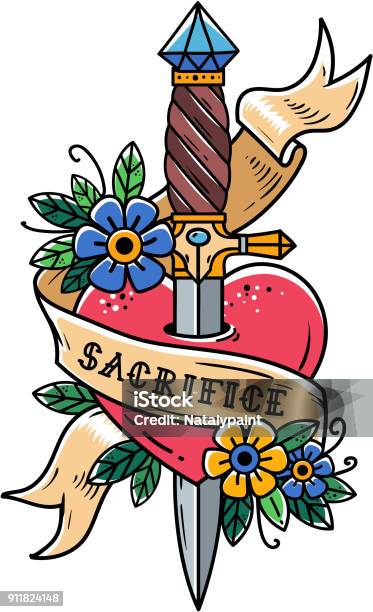 Heart Pierced With Ancient Dagger Sacrifice Stock Illustration - Download Image Now - Education, Old, Tattoo