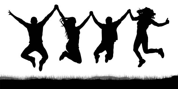 illustrations, cliparts, dessins animés et icônes de happy jumping, gens amis, tenant la silhouette des mains - healthy lifestyle jumping people happiness