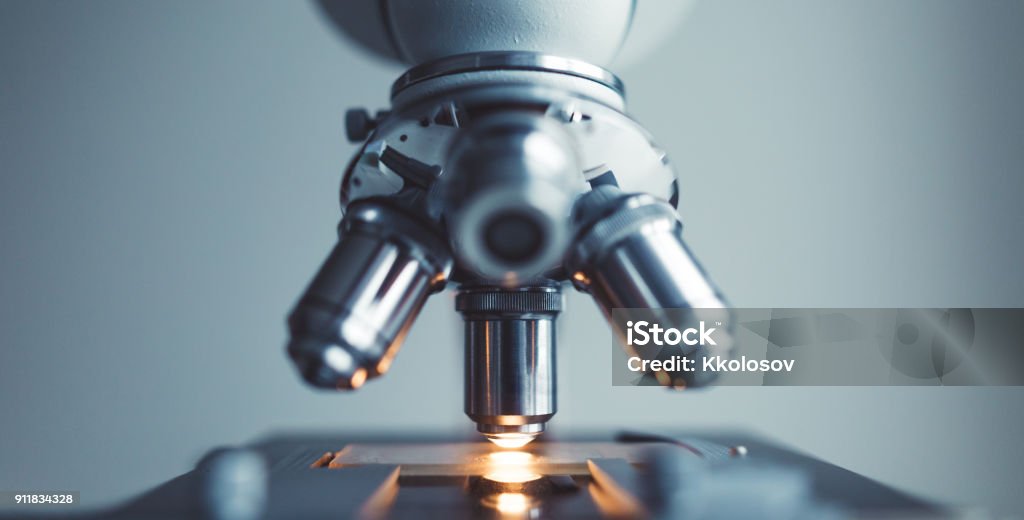 Nahaufnahme von der Probe unter dem Mikroskop untersuchen - Lizenzfrei Biotechnologie Stock-Foto