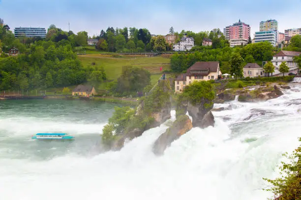 The Rhine water falls at Neuhausen, the largest waterfall in Switzerland, Europe.