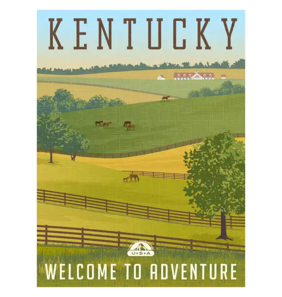 Vector illustration of Scenic Kentucky landscape with rolling hills, horses and fences and stables.