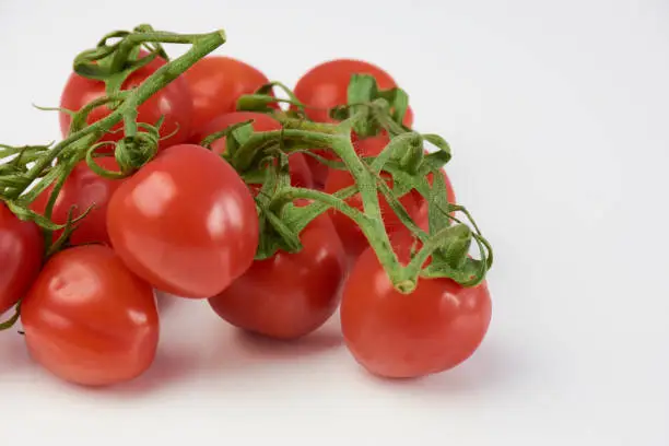 Several small cherry tomatoes on a white background