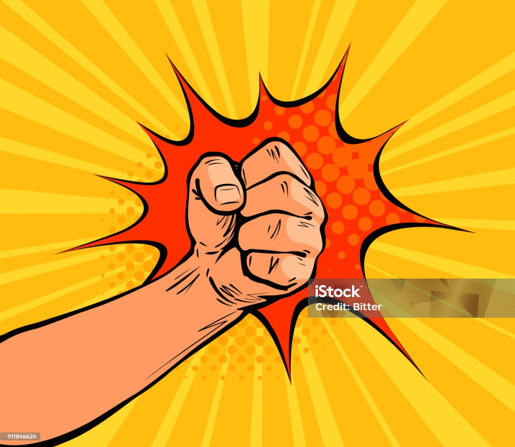 Fist punching, crushing blow or strong punch drawn in pop art retro comic style. Cartoon vector illustration Fist punching or strong punch drawn in pop art retro comic style. Cartoon vector illustration Punching stock vector