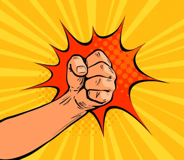 Vector illustration of Fist punching, crushing blow or strong punch drawn in pop art retro comic style. Cartoon vector illustration