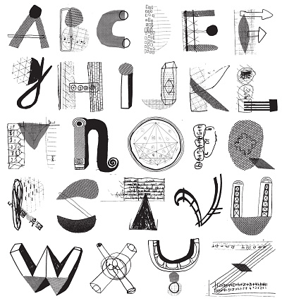 Alphabet letters made with different patterns and shapes and lines. Mixed media alphabet resembling recycled materials
