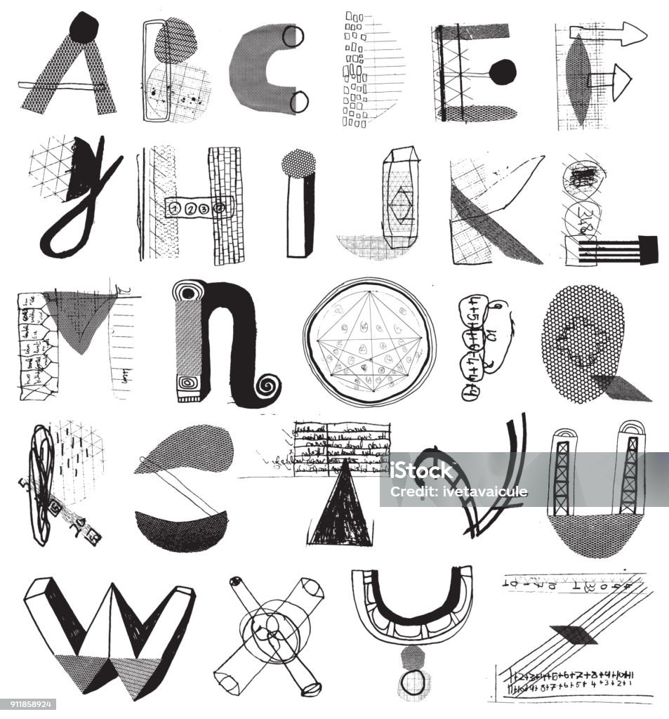 Mixed media alphabet letters Alphabet letters made with different patterns and shapes and lines. Mixed media alphabet resembling recycled materials Image Montage stock vector