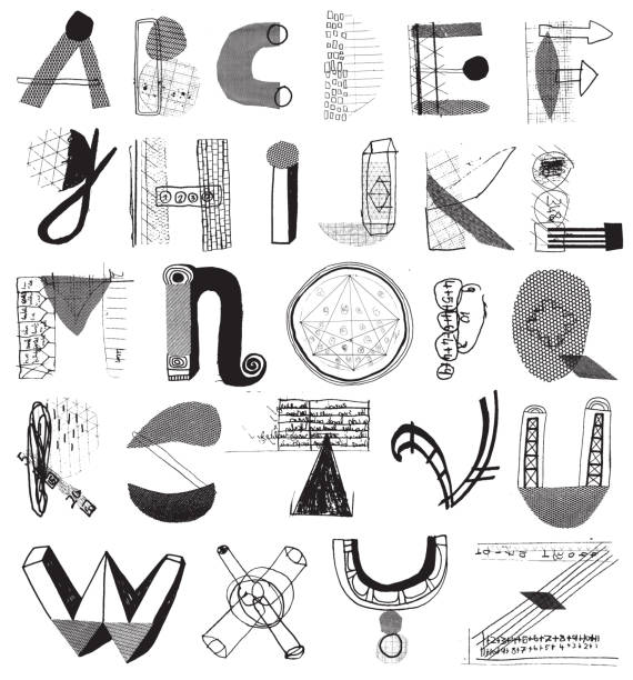 Mixed media alphabet letters Alphabet letters made with different patterns and shapes and lines. Mixed media alphabet resembling recycled materials image montage illustrations stock illustrations