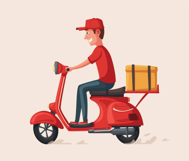 istock Fast and free delivery. Vector cartoon illustration. Food service. Retro scooter. 911861210