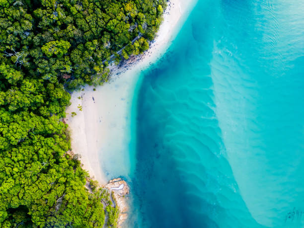 An aerial view of the beach with blue water stock photo