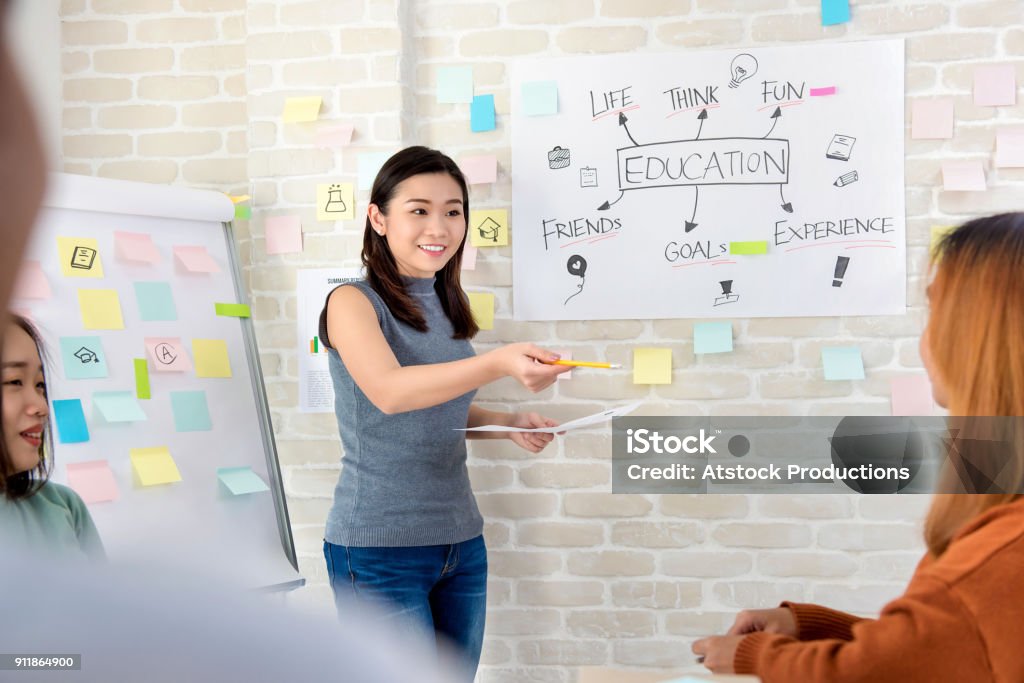 Asian female college student making a presentation in classroom Young Asian female college student making a presentation in front of classroom Teacher Stock Photo