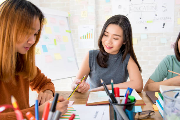 istock Female oversea college students doing assignment in class room 911864914