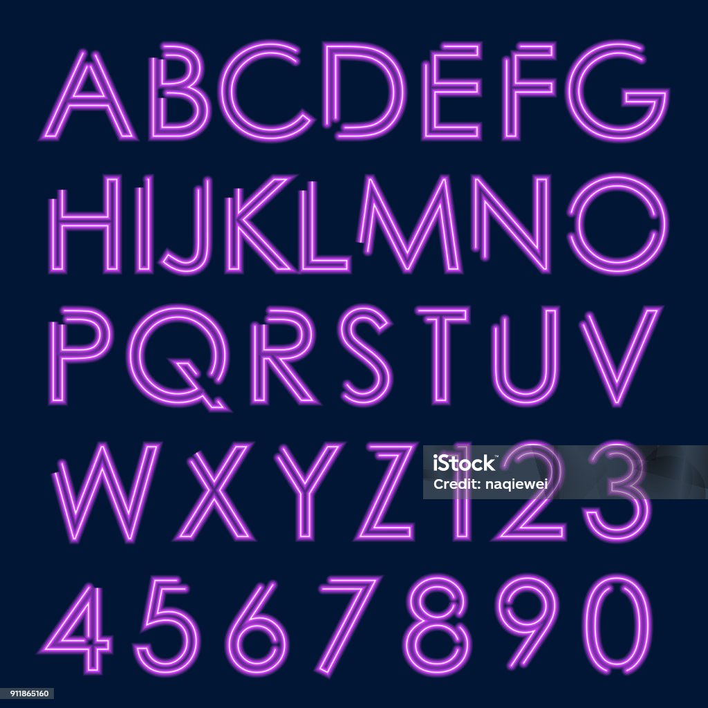 purple neon glowing letters and numbers purple neon alphabet letters and numbers for design Neon Colored stock vector