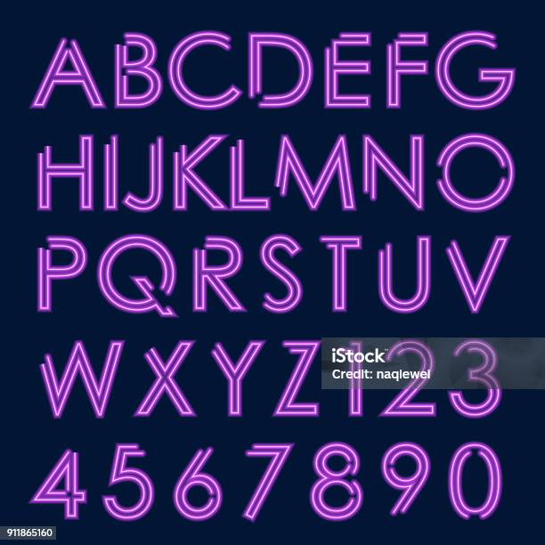 Purple Neon Glowing Letters And Numbers Stock Illustration - Download Image Now - Neon Colored, Typescript, Text