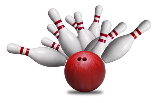 istock Red Ball Hitting Pins in Bowling Strike Isolated on White Background 911875438
