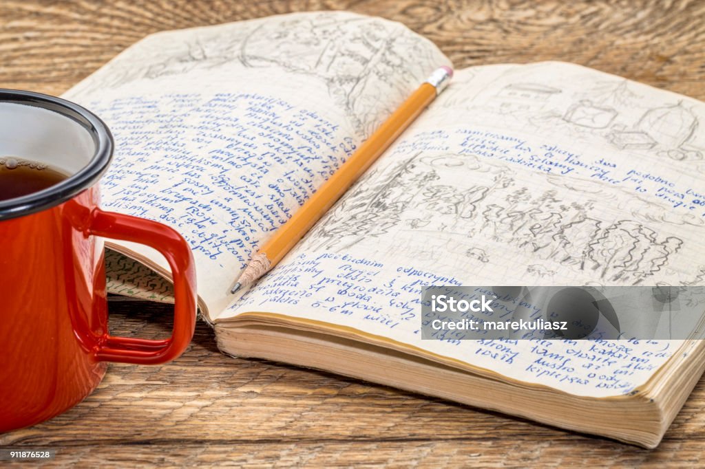 travel expedition journal Kayak expedition journal with a cup of tea on a rustic picnic table- handwriting and drawing in pencil. Travel log from paddling trip across north eastern Poland written by me, photographer, in August 1974. Writing - Activity Stock Photo