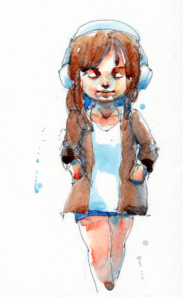 ilustrações, clipart, desenhos animados e ícones de ilustração de pintura aquarela conjunto de menina bonita com fones de ouvido, mão desenhada no papel - watercolor paper audio