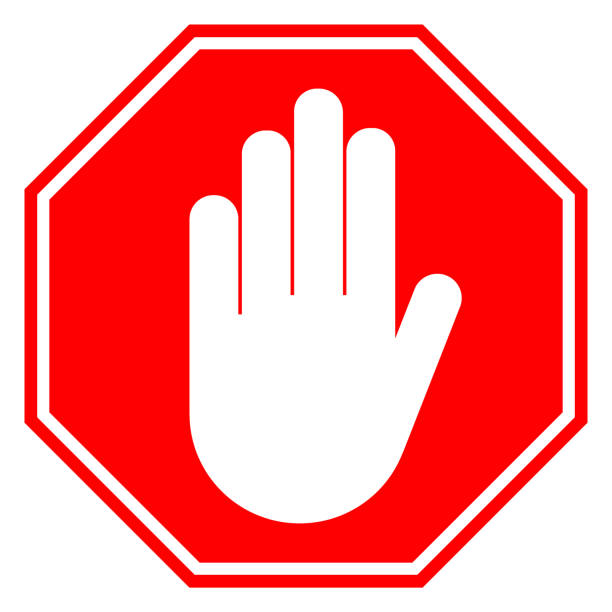 NO ENTRY sign. STOP HAND gesture in red octagon. Vector icon vector art illustration