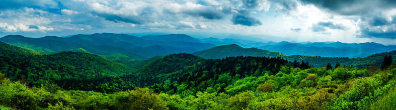 Panoramic view of the Blue Ridge Mountains from the Cowee Mountain Overlook along the Blue Ridge Parkway in North Carolina.