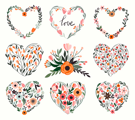 Floral hearts collection, 8 hand drawn decorative hearts for cards and invitations