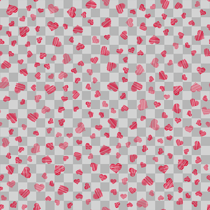 Seamless pattern with red handdrawn hearts on transparent background. Vector.
