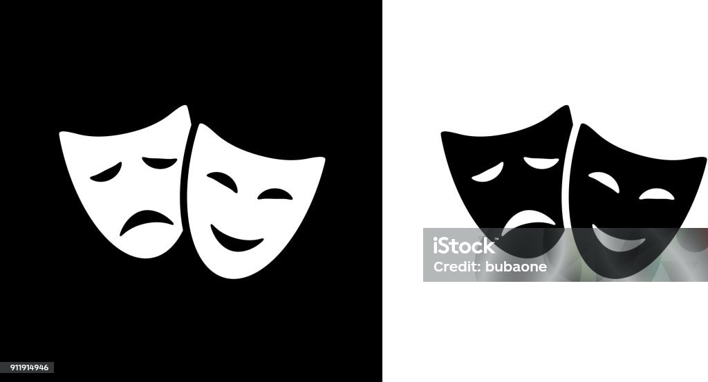 Comedy And Tragedy Masks. Comedy And Tragedy Masks.This royalty free vector illustration features the main icon on both white and black backgrounds. The image is black and white and had the background rendered with the main icon. The illustration is simple yet very conceptual. Theatrical Performance stock vector