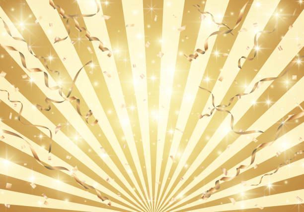 złote konfetti i streamer na złotym tle sunburst - streamer celebration anniversary backgrounds stock illustrations