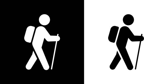 Man Travel With The Walking Stick. Man Travel With The Walking Stick.This royalty free vector illustration features the main icon on both white and black backgrounds. The image is black and white and had the background rendered with the main icon. The illustration is simple yet very conceptual. hiking icons stock illustrations