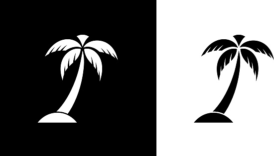 Palm Tree.This royalty free vector illustration features the main icon on both white and black backgrounds. The image is black and white and had the background rendered with the main icon. The illustration is simple yet very conceptual.