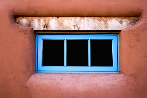 Santa Fe, NM: Blue Window in Adobe Wall (Close-Up)