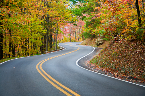 Winding road through fall forest in Appalachian Mountains