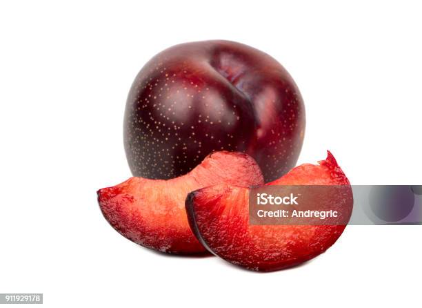 Red Plum With Slice Stock Photo - Download Image Now - Plum, Red, White Background