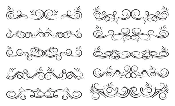 illustrazioni stock, clip art, cartoni animati e icone di tendenza di set di fioriture calligrafiche vettoriali in stile vintage - illustrazione - flourishes tattoo scroll ornate