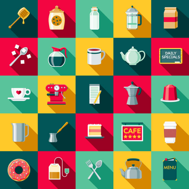 flat design coffee & tea icon set z cieniem bocznym - kettle foods stock illustrations