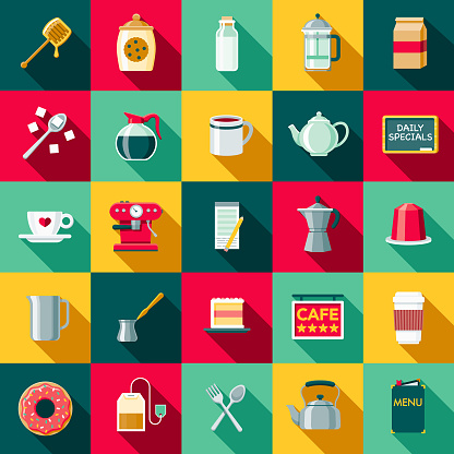 A set of flat design styled coffee and tea icons with a long side shadow. Color swatches are global so it’s easy to edit and change the colors.