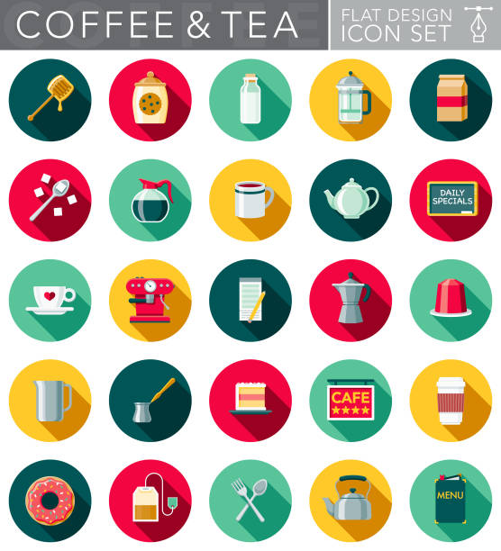 illustrations, cliparts, dessins animés et icônes de design plat café & thé icon set avec côté ombre - spoon honey cute jar