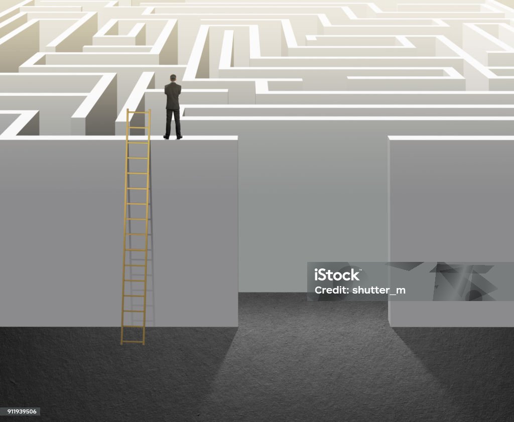 businessman climb on ladder to plan exit with maze Lost Stock Photo