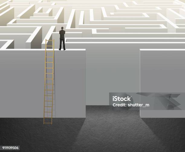 Businessman Climb On Ladder To Plan Exit With Maze Stock Photo - Download Image Now - Lost, Businessman, Climbing