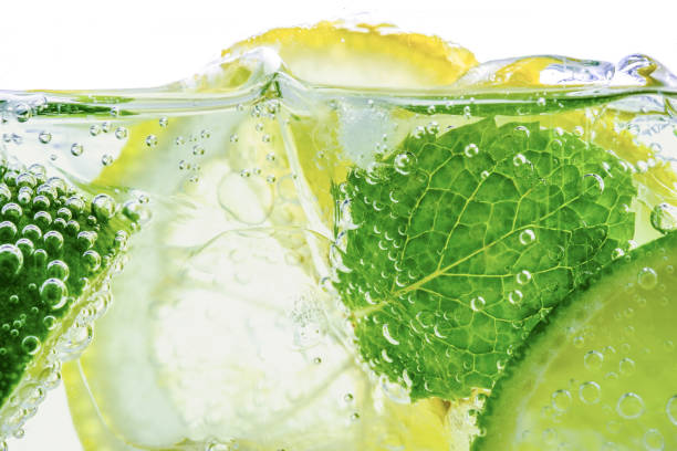 Lemon drop in fizzy sparkling water, juice refreshment