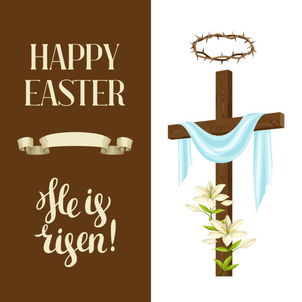 Wooden cross with shroud, lily, crown of thorns. Happy Easter concept illustration or greeting card. Religious symbols of faith Wooden cross with shroud, lily, crown of thorns. Happy Easter concept illustration or greeting card. Religious symbols of faith. pics of a cross easter lilies stock illustrations