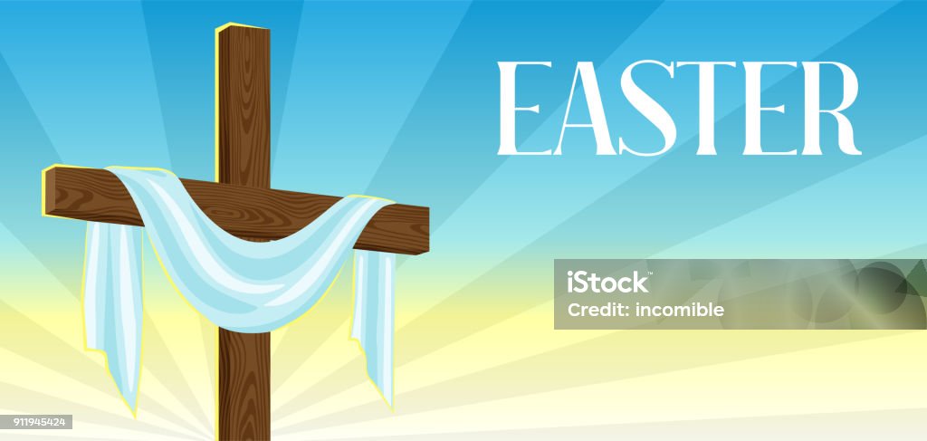 Silhouette of wooden cross with shroud. Happy Easter concept illustration or greeting card. Religious symbol of faith against sunrise sky Silhouette of wooden cross with shroud. Happy Easter concept illustration or greeting card. Religious symbol of faith against sunrise sky. Religion stock vector