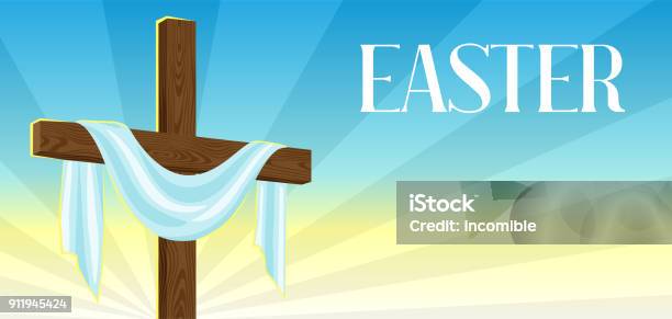 Silhouette Of Wooden Cross With Shroud Happy Easter Concept Illustration Or Greeting Card Religious Symbol Of Faith Against Sunrise Sky Stock Illustration - Download Image Now