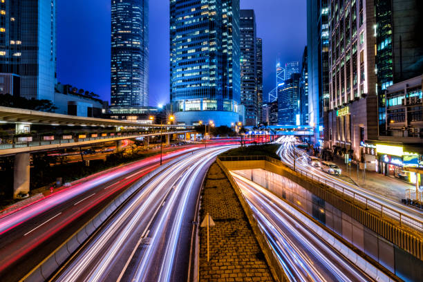 istock Hong Kong Central Business District at Night with Light Track 911945554