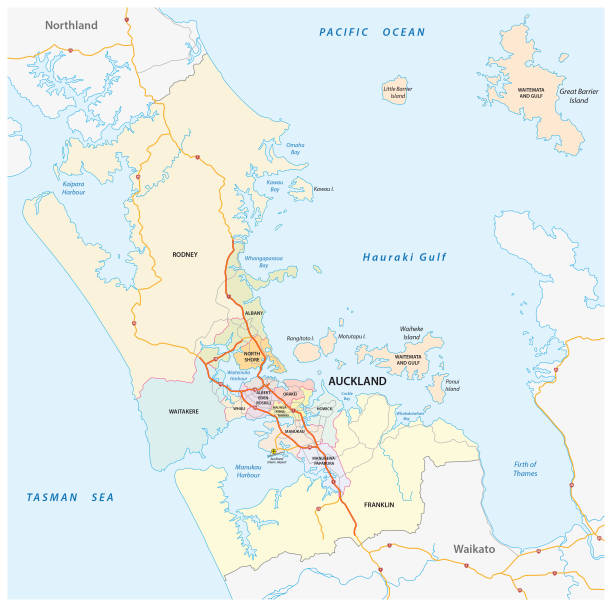 ilustraciones, imágenes clip art, dibujos animados e iconos de stock de administrativos, políticos y mapa de carreteras de la ciudad de nueva zelanda auckland - auckland region