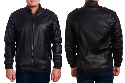 Blank leather jacket mock up, front, and back view, isolated on white. Asian male model wear plain black long sleeved leather jacket mockup. Clothes design presentation for print