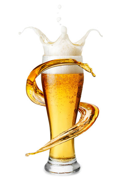 beer in glass with foam isolated on white background. Beer splash. Spiral jet of beer. Alcohol wave