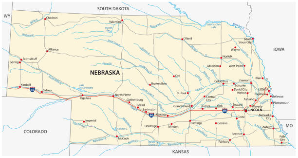 illustrazioni stock, clip art, cartoni animati e icone di tendenza di mappa vettoriale strada nebraska - nebraska lincoln nebraska map physical geography